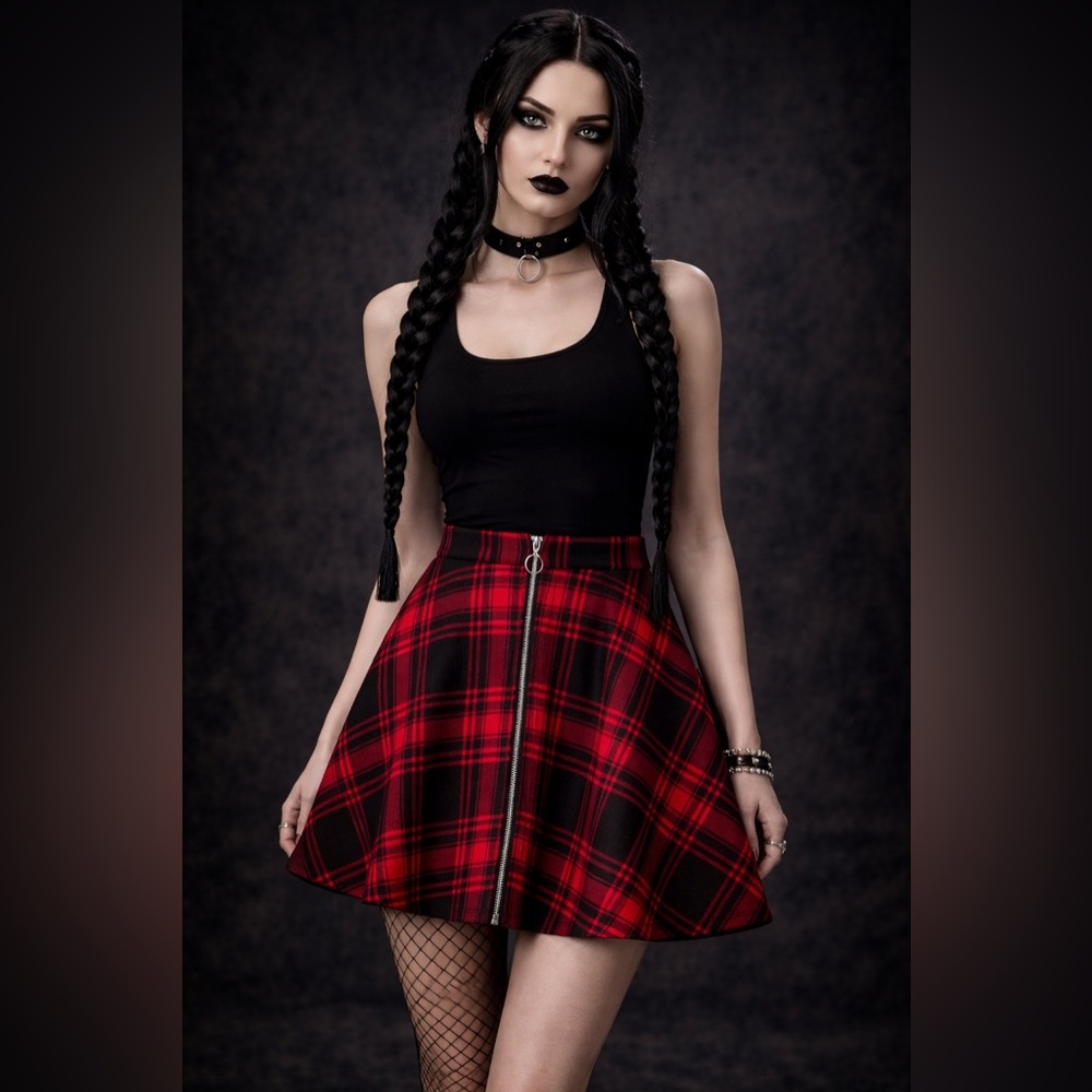 Hot Topic Red Plaid Skater Zipper Skirt Womens SZ L Witchy Vamp Goth Dystopia - Picture 2 of 9